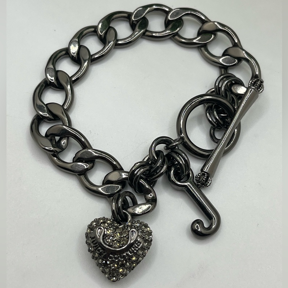 Juicy Couture Pave Rhinestone Heart Charm Silver Black Bracelet
